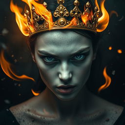 A haunting and magical portrait of a person with an artistic expression, featuring a broken crown symbolizing lost power and betrayal