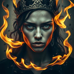 A haunting and magical portrait of a person with an artistic expression, featuring a broken crown symbolizing lost power and betrayal