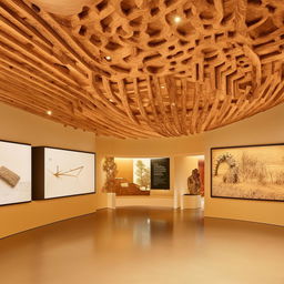 Design an art museum's interactive screen display area, enriched with a variety of display objects and artifacts. Above, a traditional wooden ceiling design adds a historic touch to the state-of-the-art technology.