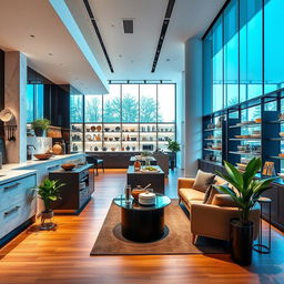 A stunning modern luxury kitchenware retail showroom, featuring sleek, minimalist design elements with marble countertops, elegant cabinetry, and polished chrome fixtures