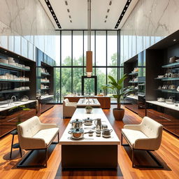 A stunning modern luxury kitchenware retail showroom, featuring sleek, minimalist design elements with marble countertops, elegant cabinetry, and polished chrome fixtures