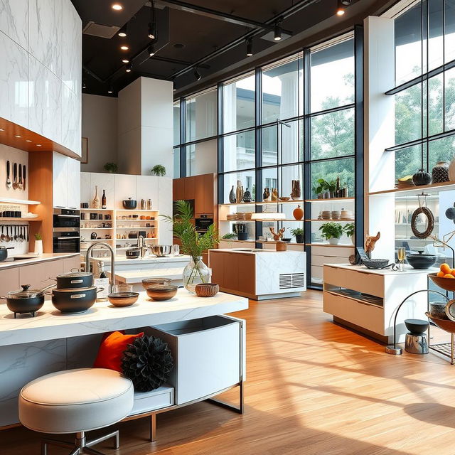 A stunning modern luxury kitchenware retail showroom, featuring sleek, minimalist design elements with marble countertops, elegant cabinetry, and polished chrome fixtures