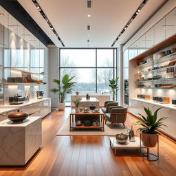 A stunning modern luxury kitchenware retail showroom, featuring sleek, minimalist design elements with marble countertops, elegant cabinetry, and polished chrome fixtures