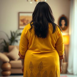 A full-body view from behind of a beautiful plus-size 50-year-old Indian housewife dressed in a vibrant yellow kurta