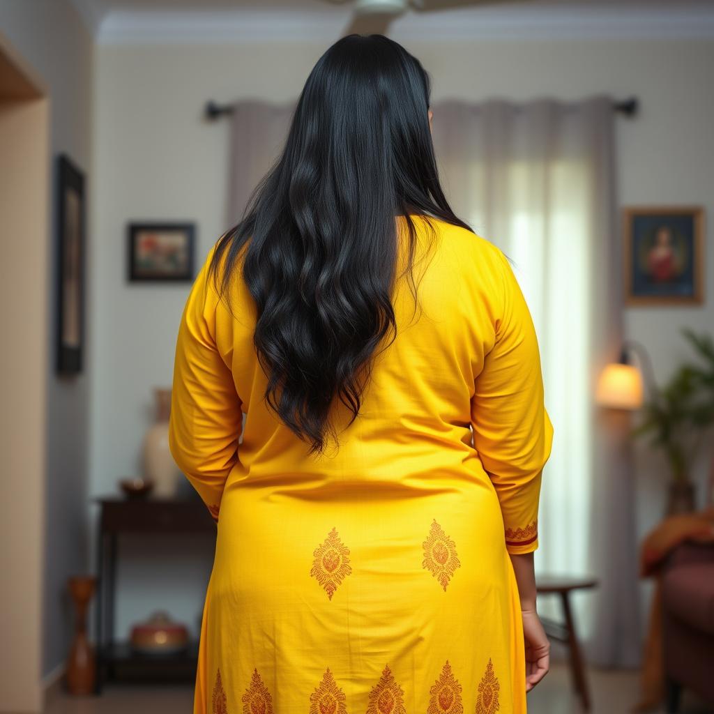 A full-body view from behind of a beautiful plus-size 50-year-old Indian housewife dressed in a vibrant yellow kurta