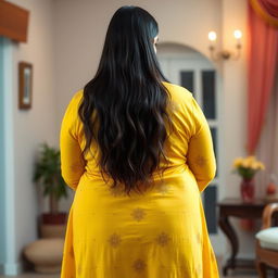 A full-body view from behind of a beautiful plus-size 50-year-old Indian housewife dressed in a vibrant yellow kurta