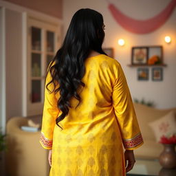 A full-body view from behind of a beautiful plus-size 50-year-old Indian housewife dressed in a vibrant yellow kurta