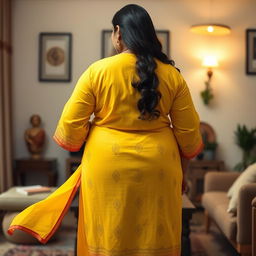 A full-body view from behind of a beautiful plus-size 50-year-old Indian housewife wearing a vibrant yellow kurta, which flows elegantly and accentuates her curves, particularly her large hips