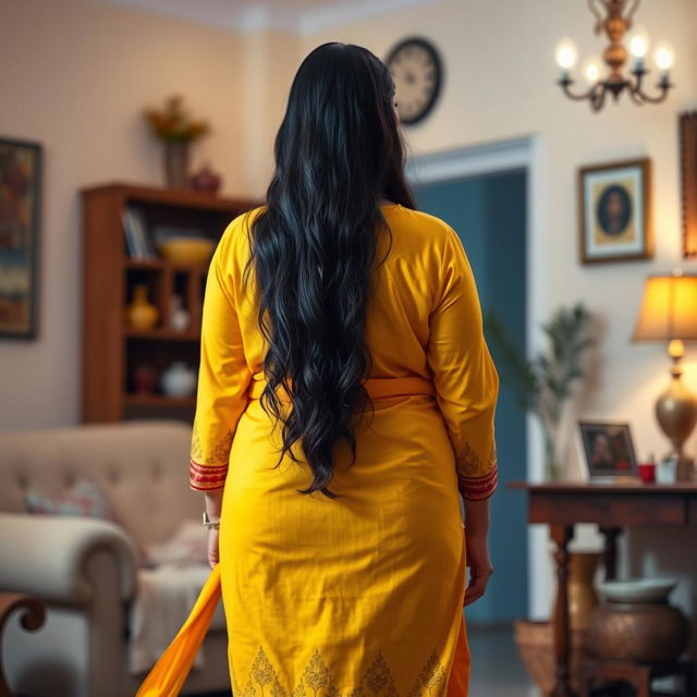 A full-body view from behind of a beautiful plus-size 50-year-old Indian housewife wearing a vibrant yellow kurta, which flows elegantly and accentuates her curves, particularly her large hips