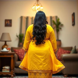 A full-body view from behind of a beautiful plus-size 50-year-old Indian housewife wearing a vibrant yellow kurta, which flows elegantly and accentuates her curves, particularly her large hips