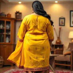 A full-body view from behind of a beautiful plus-size 50-year-old Indian housewife wearing a vibrant yellow kurta, which flows elegantly and accentuates her curves, particularly her large hips