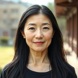 A full-body portrait of a 45-year-old woman with pale skin and long black hair, showcasing a natural and ordinary face without makeup