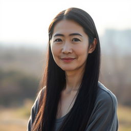 A full-body portrait of a 45-year-old woman with pale skin and long black hair, showcasing a natural and ordinary face without any makeup