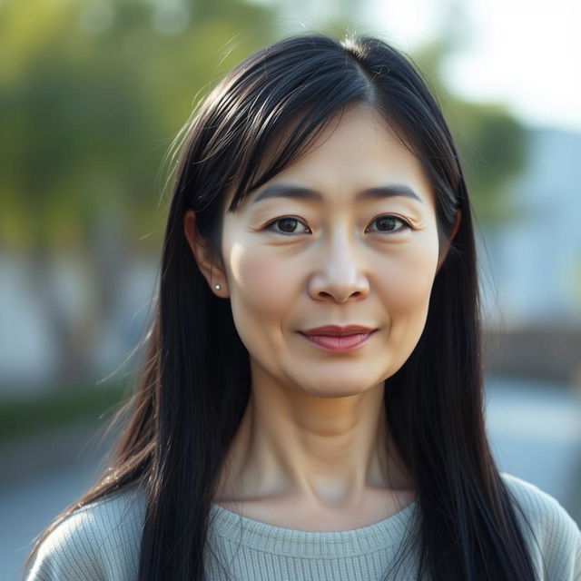 A full-body portrait of a 45-year-old woman with pale skin and long black hair, showcasing a natural and ordinary face without any makeup