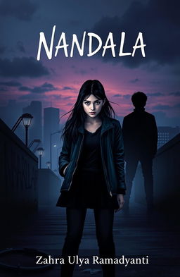A striking novel cover for 'NANDALA' that captures the essence of a teenage girl enveloped in a sense of trauma and vulnerability