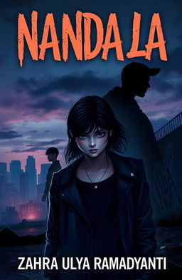 A striking novel cover for 'NANDALA' that captures the essence of a teenage girl enveloped in a sense of trauma and vulnerability