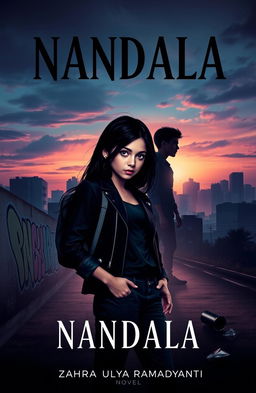 A striking novel cover for 'NANDALA' that captures the essence of a teenage girl enveloped in a sense of trauma and vulnerability