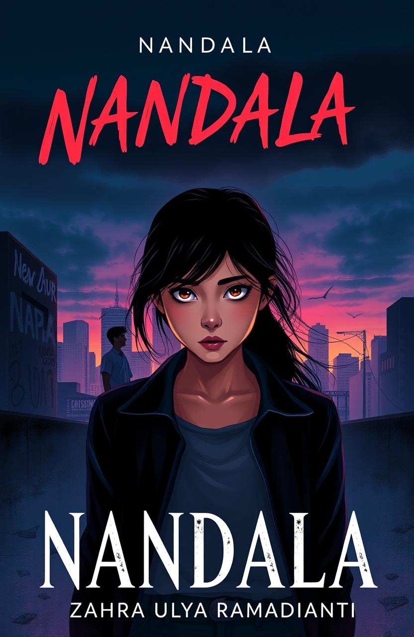 A striking novel cover for 'NANDALA' that captures the essence of a teenage girl enveloped in a sense of trauma and vulnerability