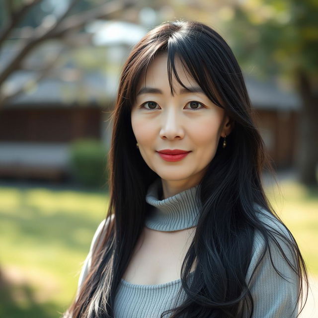 A full-body portrait of a 45-year-old woman with pale skin and long black hair, featuring an ordinary face without makeup, but with a subtly alluring gaze