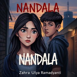 A captivating novel cover for 'NANDALA' featuring a teenage girl whose modern appearance highlights her emotional depth and trauma