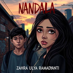 A captivating novel cover for 'NANDALA' featuring a teenage girl whose modern appearance highlights her emotional depth and trauma
