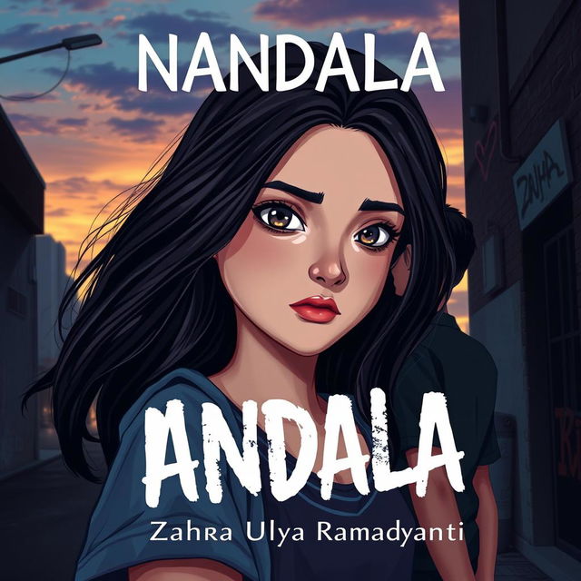 A captivating novel cover for 'NANDALA' featuring a teenage girl whose modern appearance highlights her emotional depth and trauma