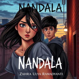 A captivating novel cover for 'NANDALA' featuring a teenage girl whose modern appearance highlights her emotional depth and trauma