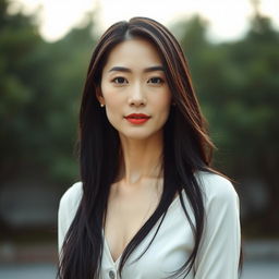 A full-body portrait of a 45-year-old woman with pale skin and long black hair, featuring an ordinary face without makeup but with a subtly seductive gaze