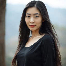 A full-body portrait of a 45-year-old woman with pale skin and long black hair, featuring an ordinary face without makeup but with a subtly seductive gaze