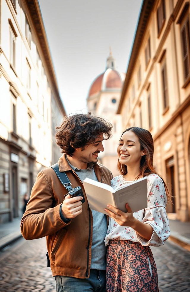 A romantic scene in Florence showcasing a couple in love