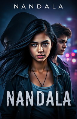 A striking novel cover for a book titled 'NANDALA', featuring a teenage girl at the center, her expression a mix of strength and vulnerability, surrounded by shadowy images of her trauma