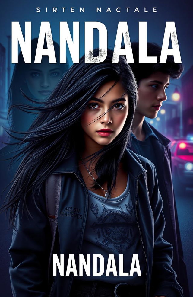 A striking novel cover for a book titled 'NANDALA', featuring a teenage girl at the center, her expression a mix of strength and vulnerability, surrounded by shadowy images of her trauma