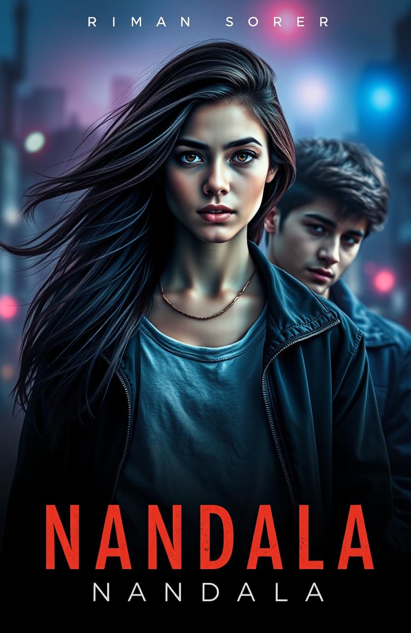 A striking novel cover for a book titled 'NANDALA', featuring a teenage girl at the center, her expression a mix of strength and vulnerability, surrounded by shadowy images of her trauma