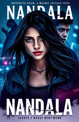 A striking novel cover for a book titled 'NANDALA', featuring a teenage girl at the center, her expression a mix of strength and vulnerability, surrounded by shadowy images of her trauma