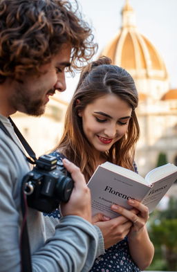 A romantic scene in Florence featuring a curly-haired man holding a camera and a girl deeply engrossed in a book titled 'Florence'