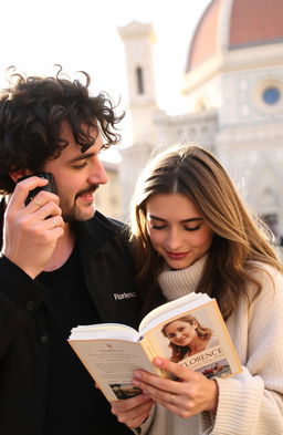 A romantic scene in Florence featuring a curly-haired man holding a camera and a girl deeply engrossed in a book titled 'Florence'