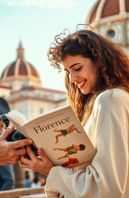 A romantic scene in Florence featuring a curly-haired man holding a camera and a girl deeply engrossed in a book titled 'Florence'