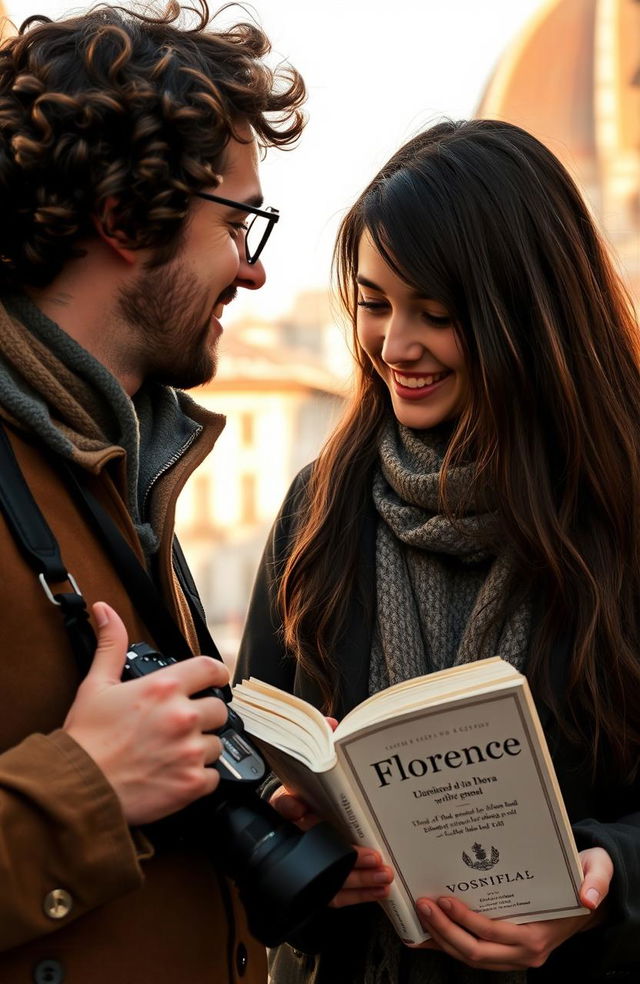 A romantic scene in Florence featuring a curly-haired man holding a camera and a girl deeply engrossed in a book titled 'Florence'