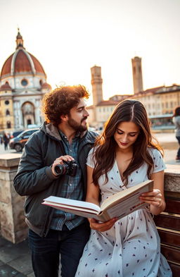 A romantic scene set in Florence, Italy, featuring a curly-haired man holding a camera and a young woman immersed in a book