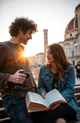 A romantic scene set in Florence, Italy, featuring a curly-haired man holding a camera and a young woman immersed in a book