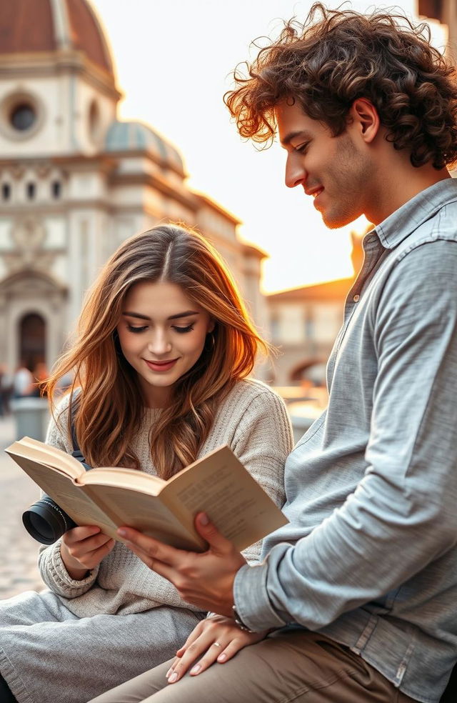 A romantic scene set in Florence, Italy, featuring a curly-haired man holding a camera and a young woman immersed in a book