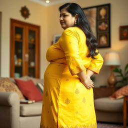 A full-body view from the side of a beautiful plus-size 50-year-old Indian housewife wearing a vibrant yellow kurta