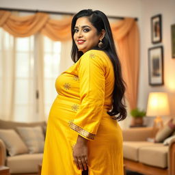 A full-body view from the side of a beautiful plus-size 50-year-old Indian housewife wearing a vibrant yellow kurta