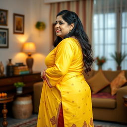 A full-body view from the side of a beautiful plus-size 50-year-old Indian housewife wearing a vibrant yellow kurta