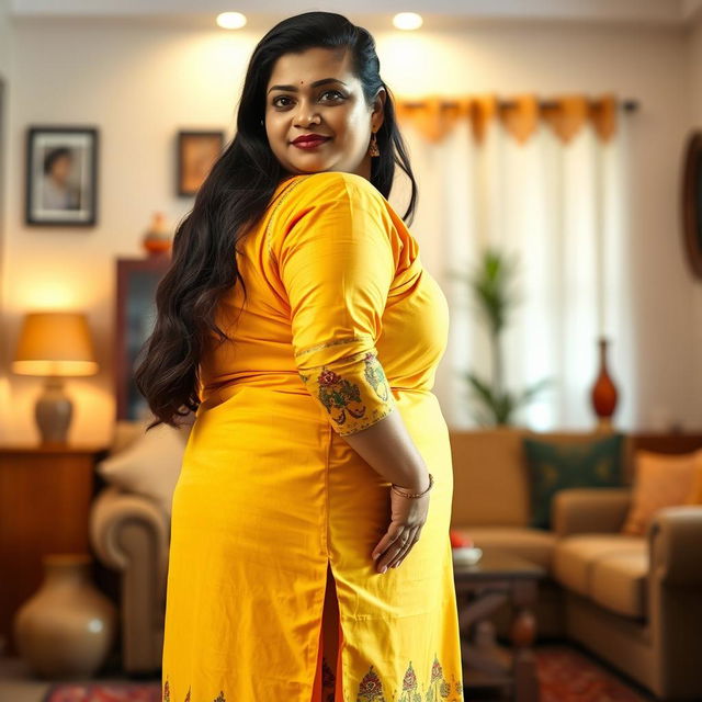 A full-body view from the side of a beautiful plus-size 50-year-old Indian housewife wearing a vibrant yellow kurta