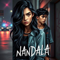 An evocative novel cover for a book titled 'NANDALA', featuring a teenage girl at the forefront, embodying a mix of resilience and emotional depth, her face partially shadowed to suggest her trauma