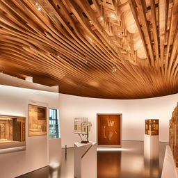 Design an art museum's interactive screen display area, enriched with a variety of display objects and artifacts. Above, a traditional wooden ceiling design adds a historic touch to the state-of-the-art technology.