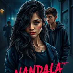 An evocative novel cover for a book titled 'NANDALA', featuring a teenage girl at the forefront, embodying a mix of resilience and emotional depth, her face partially shadowed to suggest her trauma