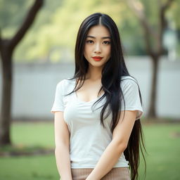 A full-body portrait of a 45-year-old woman with pale skin and long black hair, featuring an ordinary face without makeup, but with a strikingly seductive gaze