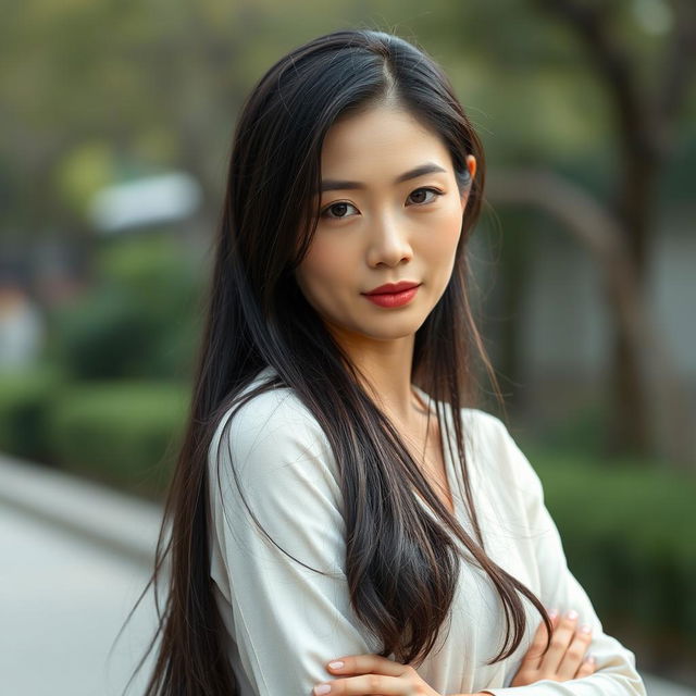 A full-body portrait of a 45-year-old woman with pale skin and long black hair, featuring an ordinary face without makeup, but with a strikingly seductive gaze